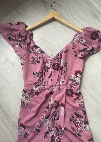 Kelebek Kol Çiçek Desenli Pembe Elbise - Görsel 4