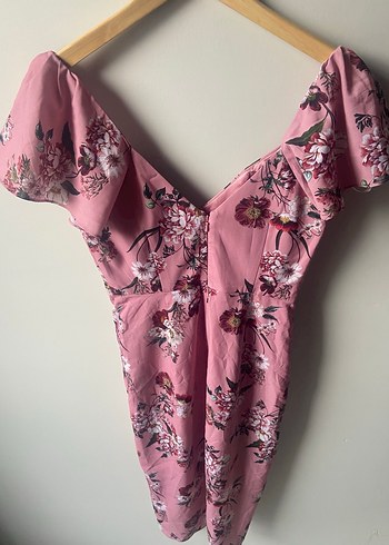 Kelebek Kol Çiçek Desenli Pembe Elbise - Görsel 2