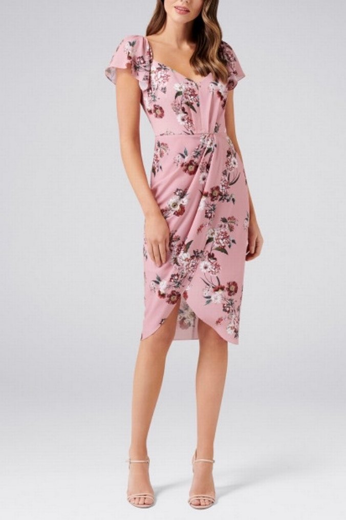 Kelebek Kol Çiçek Desenli Pembe Elbise - Görsel 3