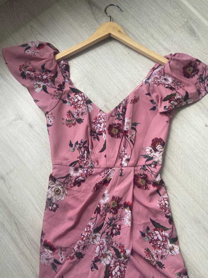 Kelebek Kol Çiçek Desenli Pembe Elbise - Görsel 4
