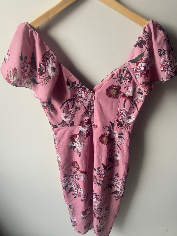 Kelebek Kol Çiçek Desenli Pembe Elbise - Görsel 2