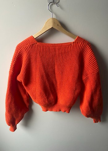 Turuncu Crop Oversize Örgü Hırka - Görsel 3