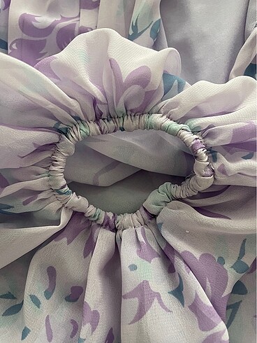 Lila renkli çiçekli balon kol şifon elbise - Görsel 6