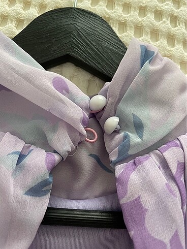 Lila renkli çiçekli balon kol şifon elbise - Görsel 5