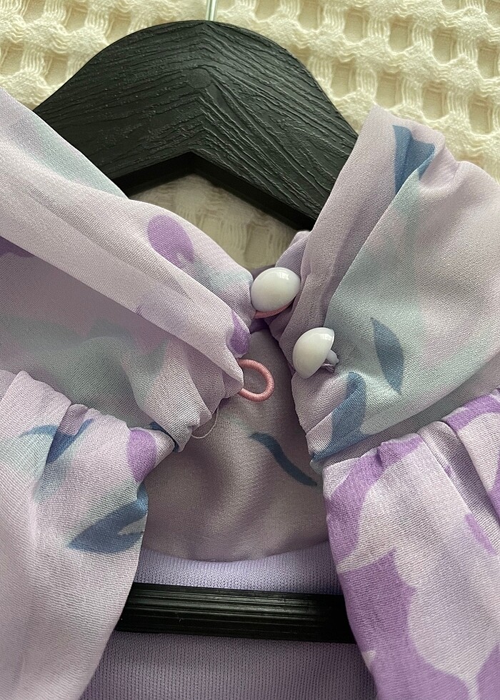 Lila renkli çiçekli balon kol şifon elbise - Görsel 5