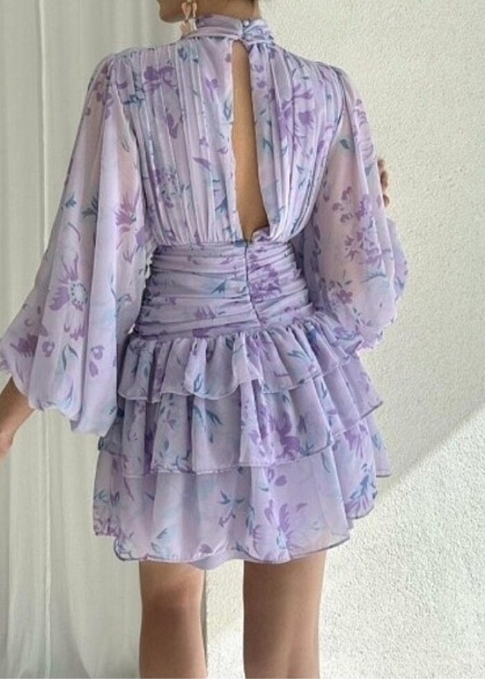 Lila renkli çiçekli balon kol şifon elbise - Görsel 3