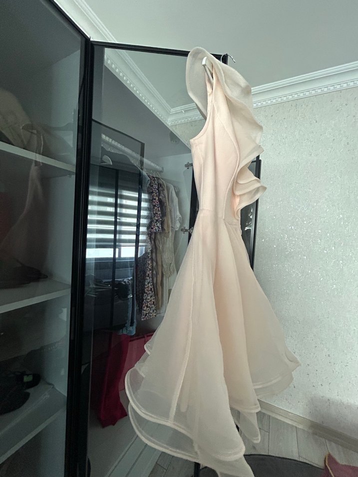 Toz pembe Mini Elbise  abiye Fırfırlı - Görsel 4