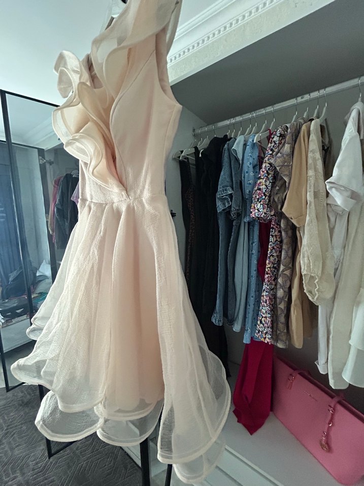 Toz pembe Mini Elbise  abiye Fırfırlı - Görsel 3