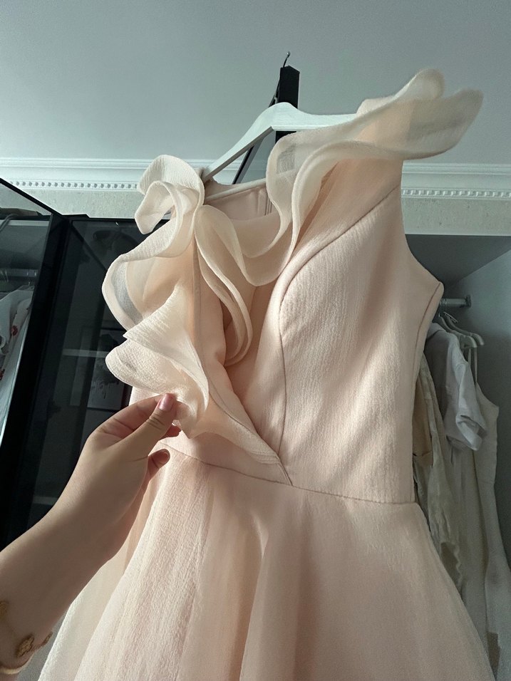 Toz pembe Mini Elbise  abiye Fırfırlı - Görsel 5