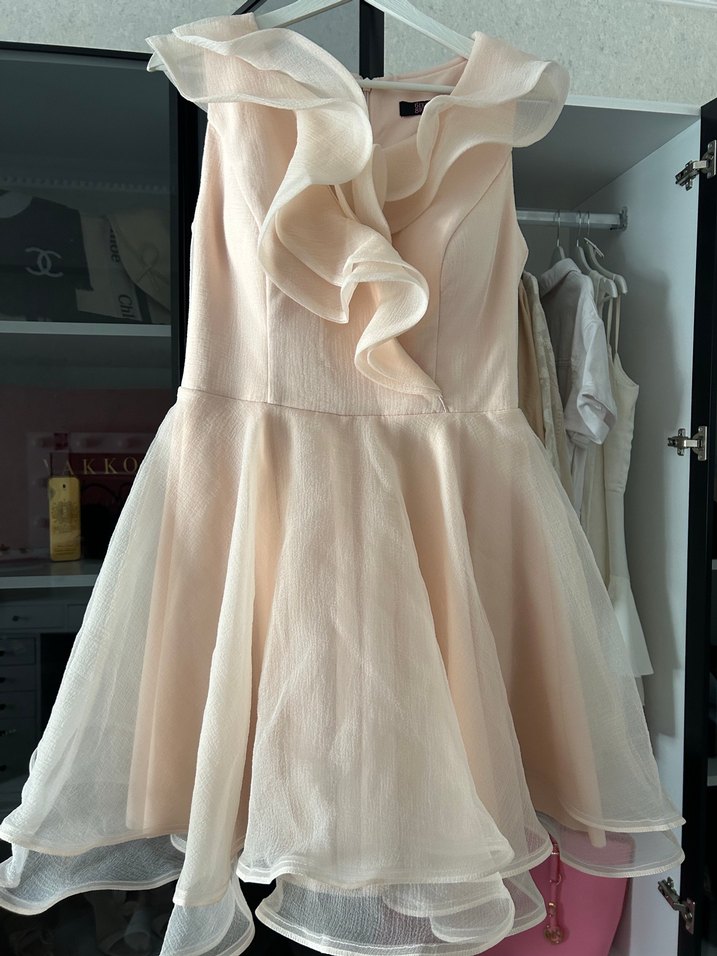 Toz pembe Mini Elbise  abiye Fırfırlı - Görsel 2