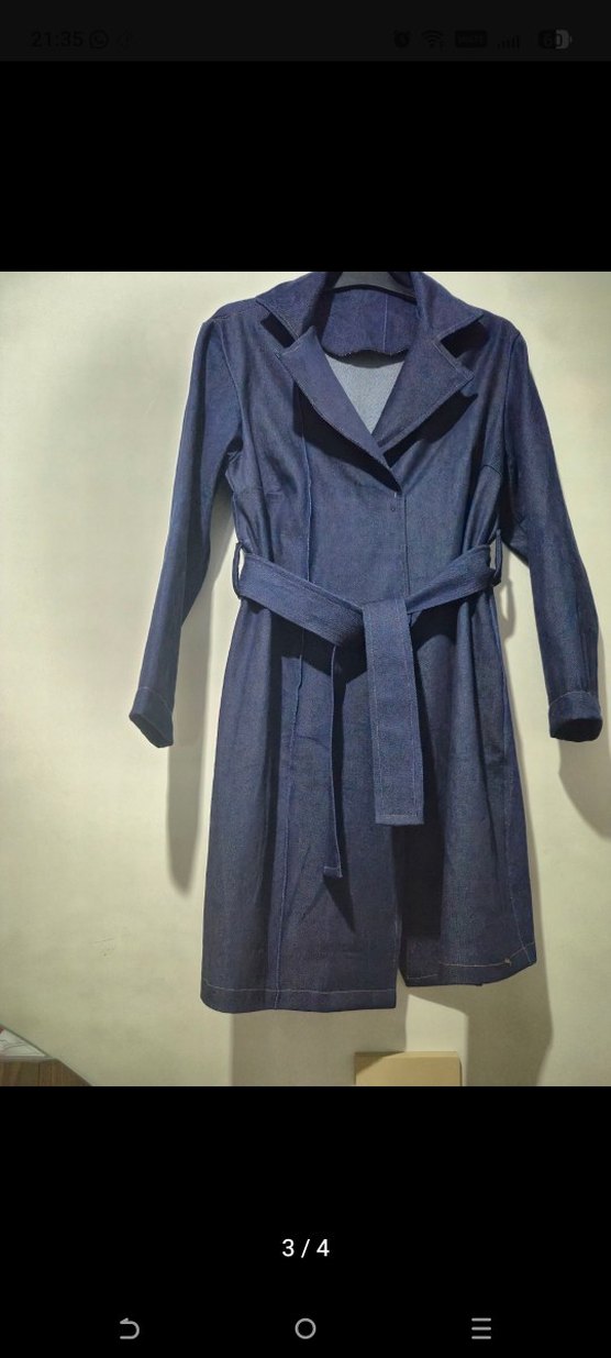 Kadın Lacivert Denim Kemerli Uzun Ceket - Görsel 2