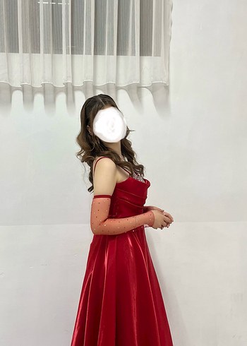 Abiye Kırmızı Drapeli Straplez Midi Abiye Elbise