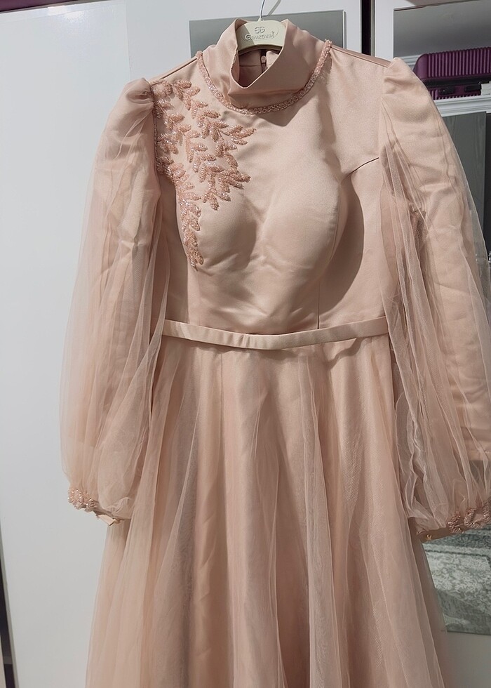 Tesettür nişanlık abiye somon toz pembe - Görsel 3