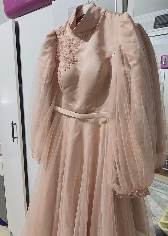Tesettür nişanlık abiye somon toz pembe - Görsel 4
