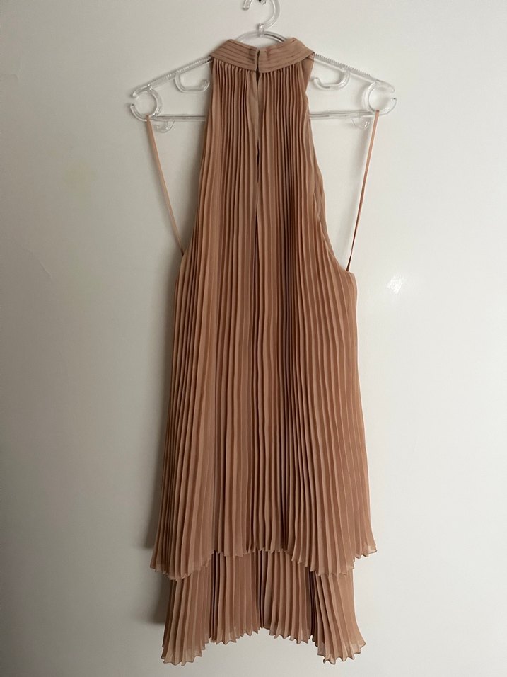 Bej Pliseli Uzun Askılı Elbise - Görsel 4