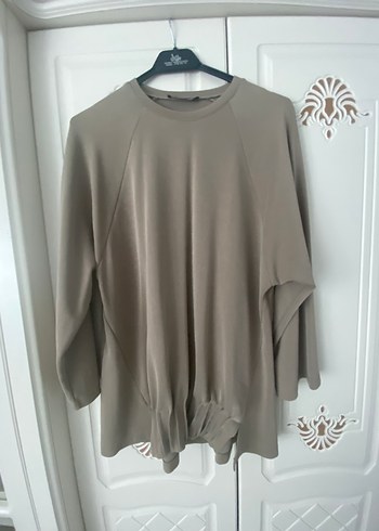 Bej Uzun Kollu Salaş Midi Keten Tunik