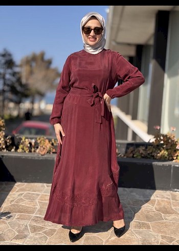 Bordo Uzun Kollu Kuşaklı Uzun Elbise