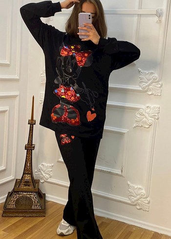 l Beden Kız Çocuk Siyah Minnie Baskılı Triko Takım