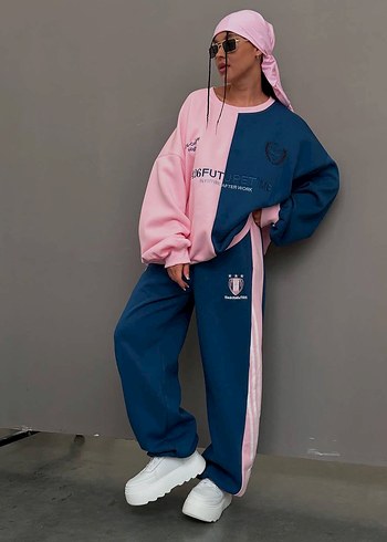Pembe Lacivert Rahat Kesim Kadın Eşofman Takımı