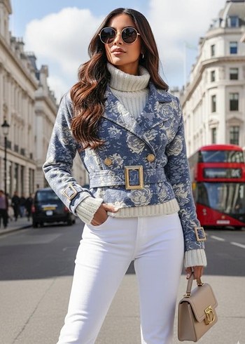 Gri Batik Desenli Kruvvazö jakarlı denim ceket