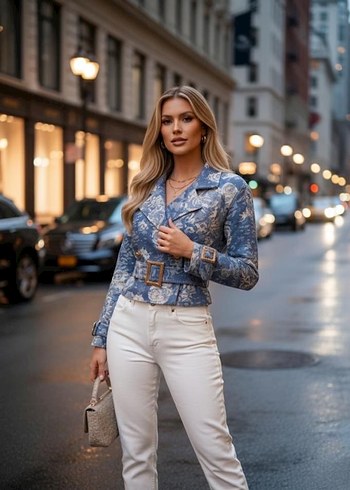 Diğer Gri Batik Desenli Kruvvazö jakarlı denim ceket
