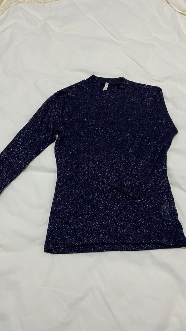 Kadın Mavi Simli Uzun Kollu İnce Kazak - Görsel 3