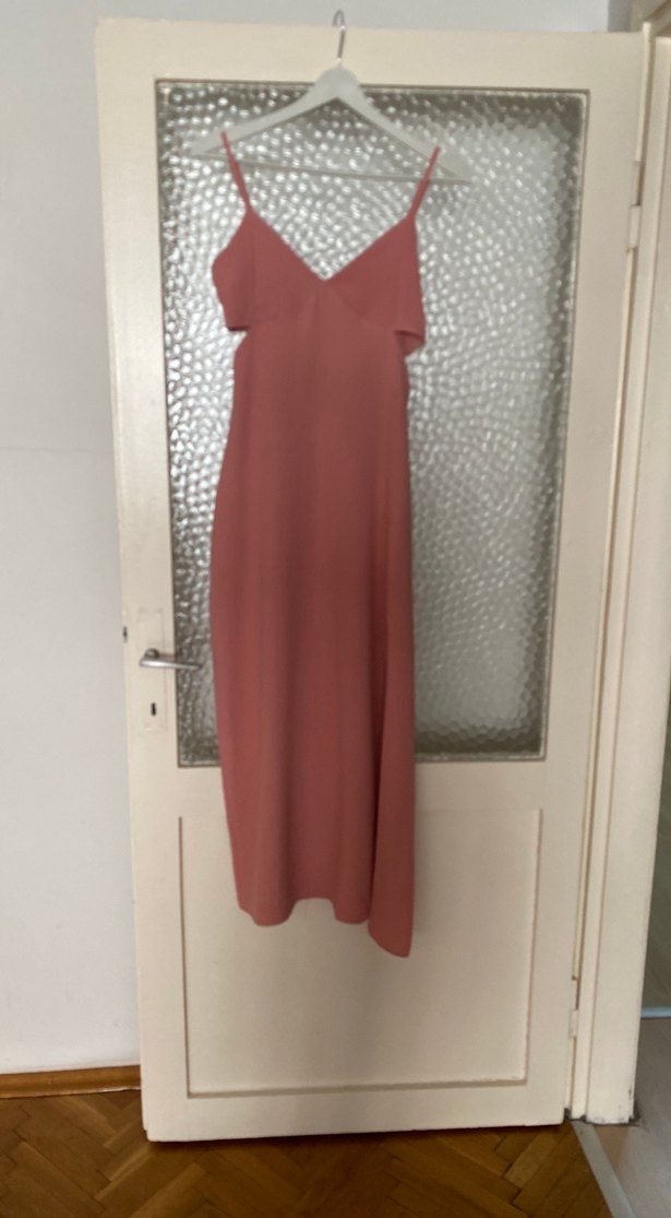 Pudra Renk V Yakalı Midi Elbise - Görsel 3