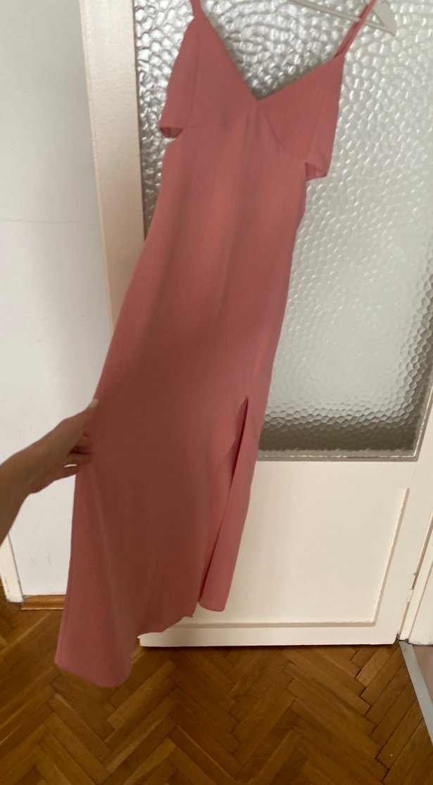 Pudra Renk V Yakalı Midi Elbise - Görsel 2