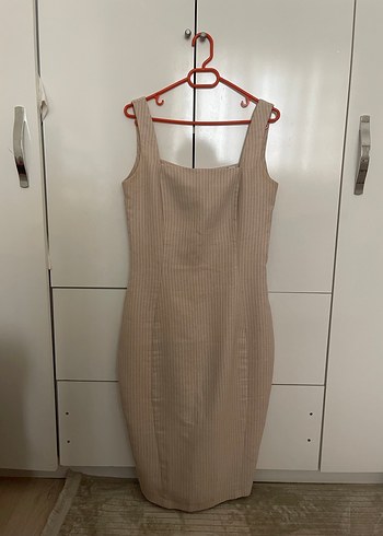 Bej Midi Kadın Elbise, Kolsuz, Dar Kesim - Görsel 3