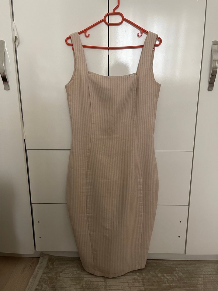 Bej Midi Kadın Elbise, Kolsuz, Dar Kesim - Görsel 4