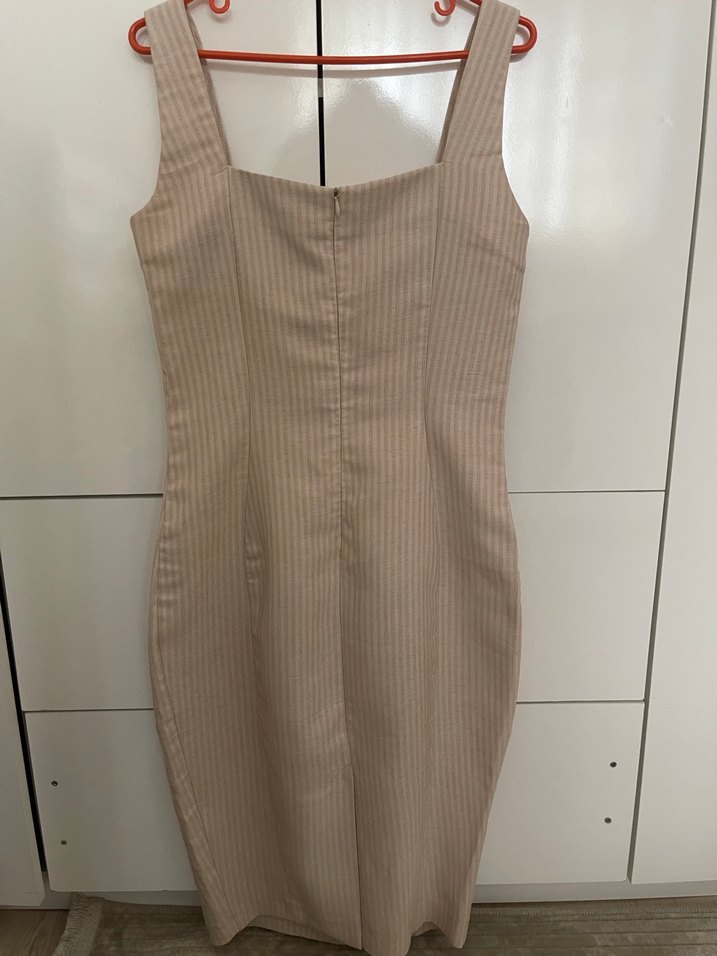 Bej Midi Kadın Elbise, Kolsuz, Dar Kesim - Görsel 2