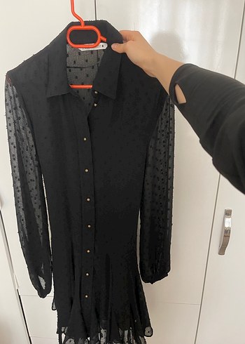 Düğmeli Siyah Midi Uzun Kollu Elbise - Görsel 4