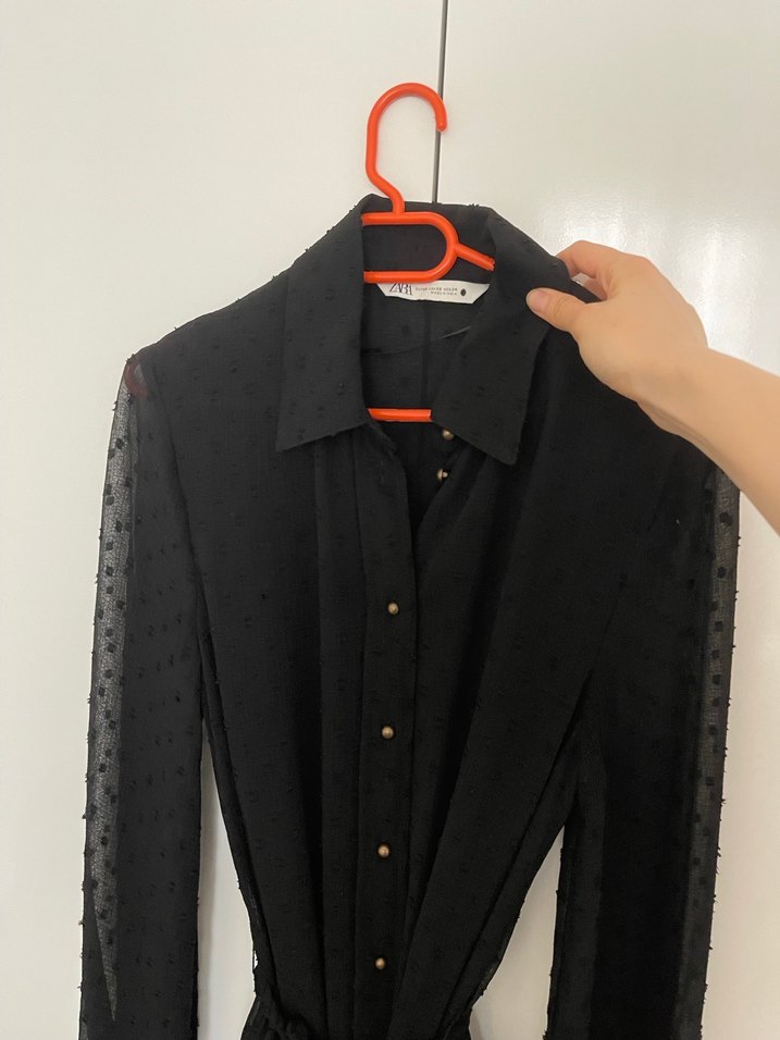 Düğmeli Siyah Midi Uzun Kollu Elbise - Görsel 2