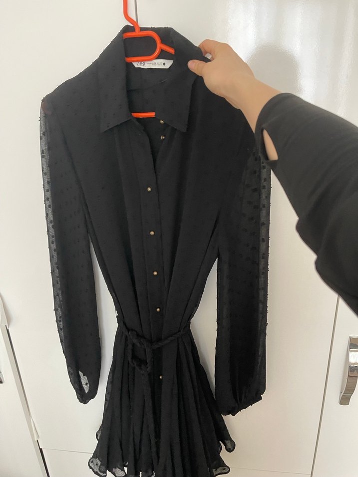 Düğmeli Siyah Midi Uzun Kollu Elbise - Görsel 3