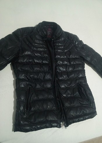 l Beden siyah Renk Siyah Deri Biker Ceket, Fermuarlı, Dar Kesim