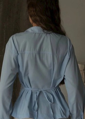 Mavi saten Kadın Gömlek, Uzun Kollu, Düğmeli - Görsel 4