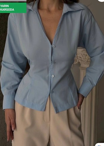 Mavi saten Kadın Gömlek, Uzun Kollu, Düğmeli - Görsel 3