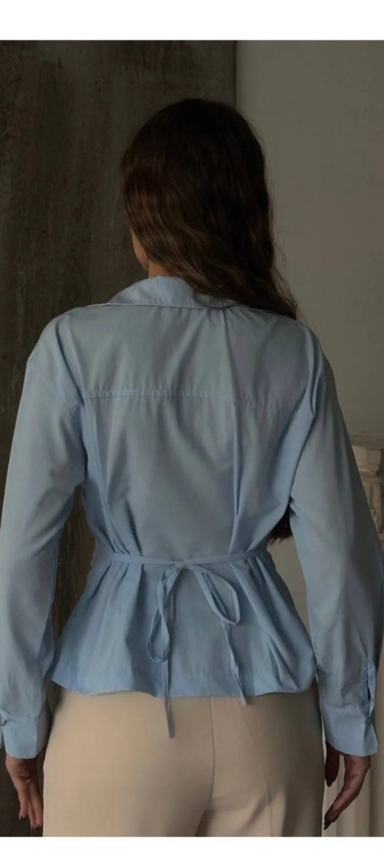 Mavi saten Kadın Gömlek, Uzun Kollu, Düğmeli - Görsel 4