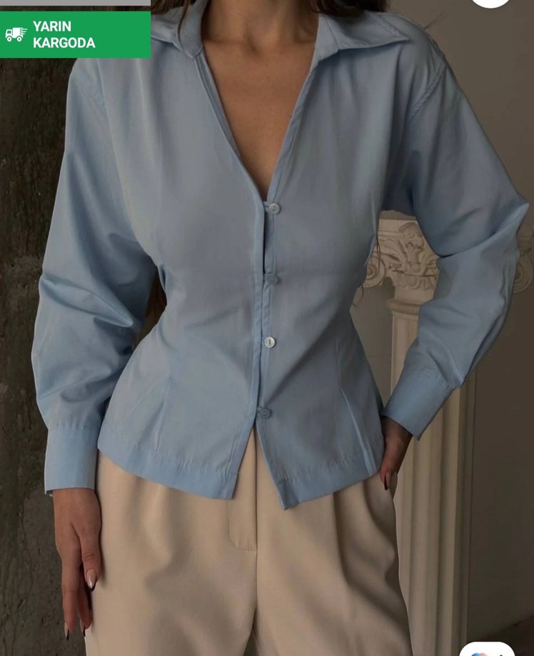 Mavi saten Kadın Gömlek, Uzun Kollu, Düğmeli - Görsel 3