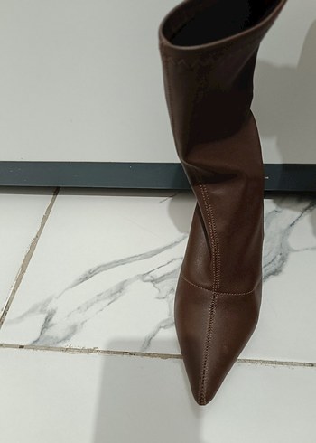 Kahverengi Deri Stiletto Topuklu Kadın Bot - Görsel 3