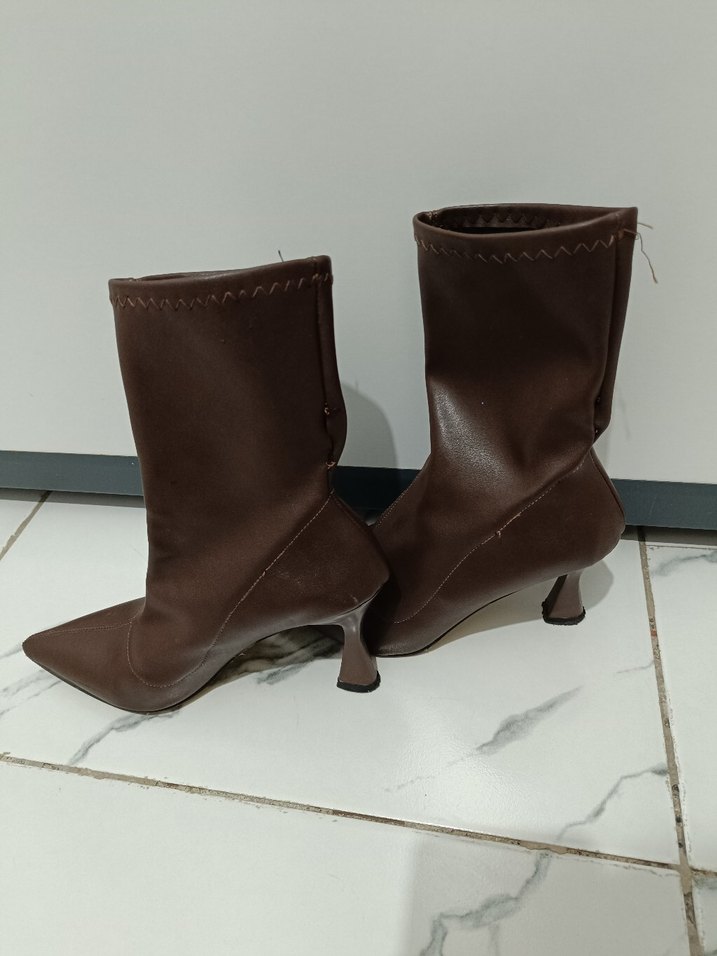 Kahverengi Deri Stiletto Topuklu Kadın Bot - Görsel 2