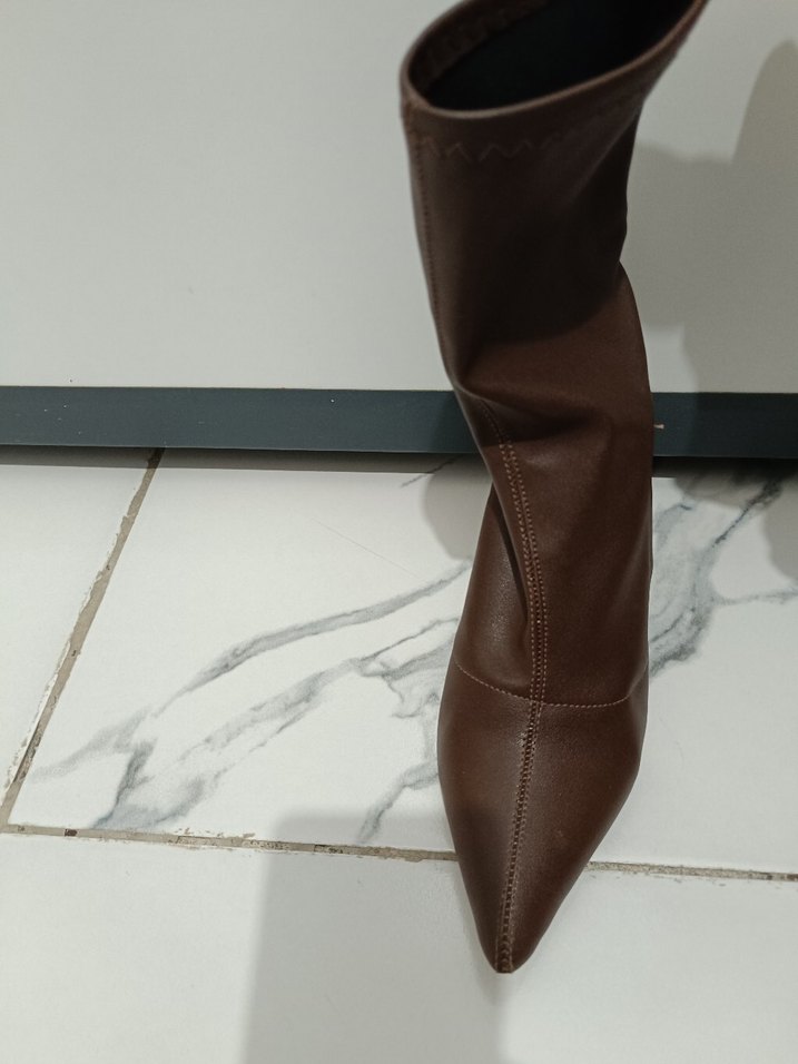 Kahverengi Deri Stiletto Topuklu Kadın Bot - Görsel 3