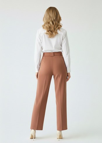 Bej Kemerli Kadın Kumaş Pantolon - Görsel 2