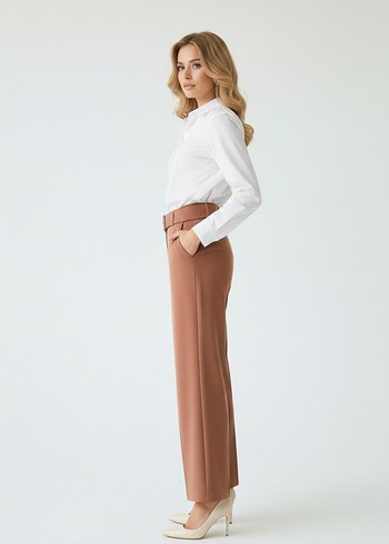 Bej Kemerli Kadın Kumaş Pantolon - Görsel 3