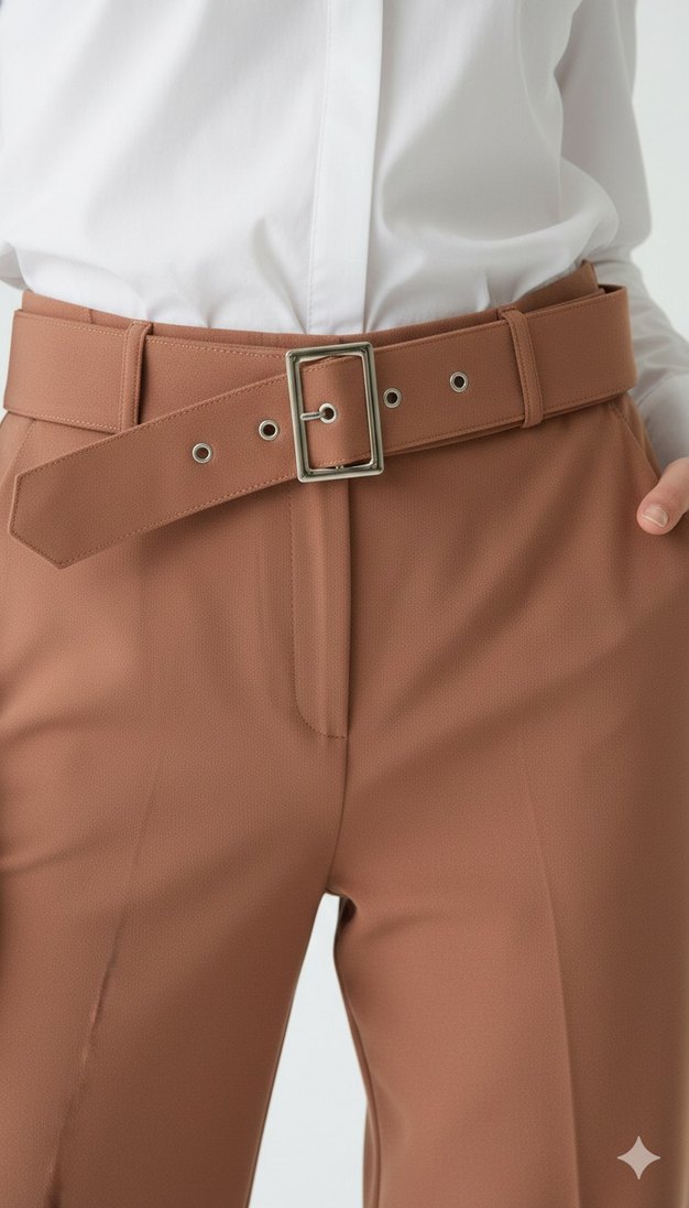 Bej Kemerli Kadın Kumaş Pantolon - Görsel 4