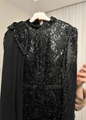 40 Beden Siyah Drapeli Uzun Kollu Gotik Abiye Elbise