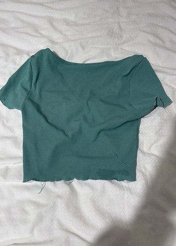 Turkuaz V Yakalı Keten Kısa Kollu Kadın Bluz - Görsel 2