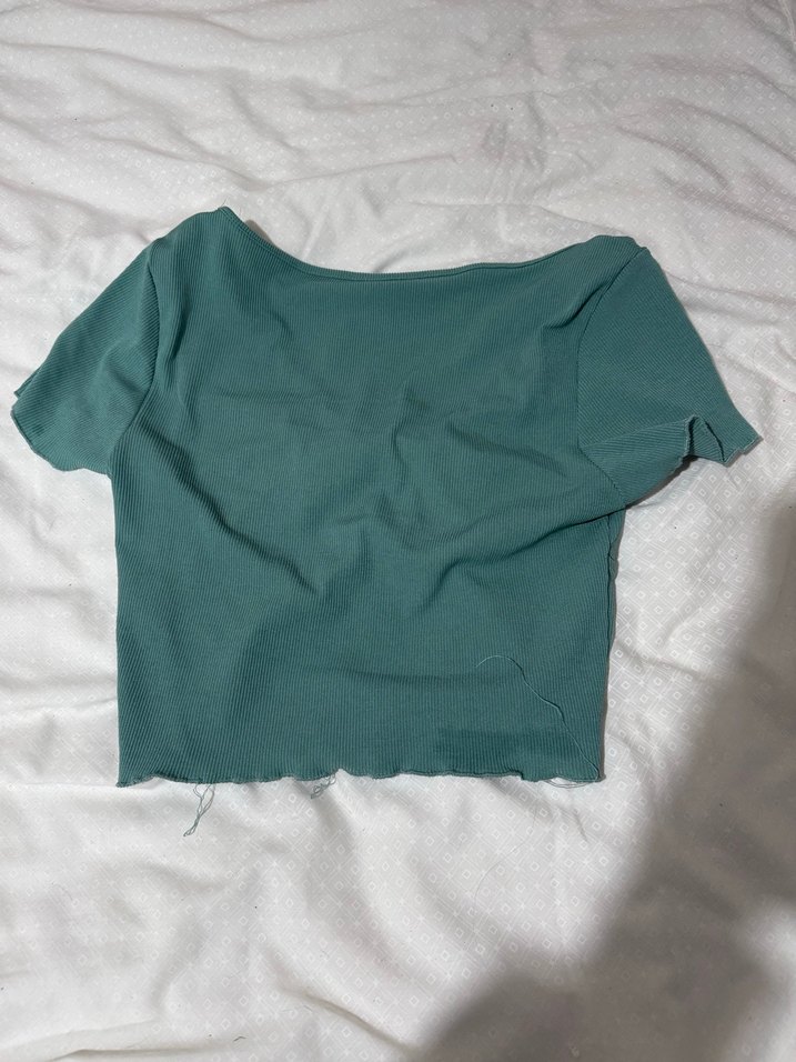 Turkuaz V Yakalı Keten Kısa Kollu Kadın Bluz - Görsel 2