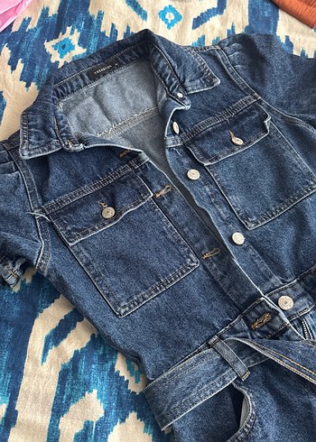 Kadın Mavi Denim Kemerli Tulum - Görsel 5