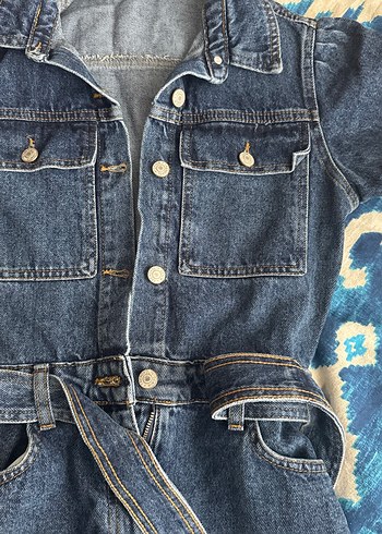 Kadın Mavi Denim Kemerli Tulum - Görsel 4